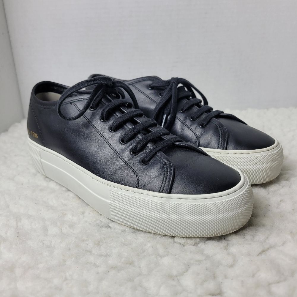 Common Projects Womens Low Top Platform Sneaker Size 6 Black Leather Shoes